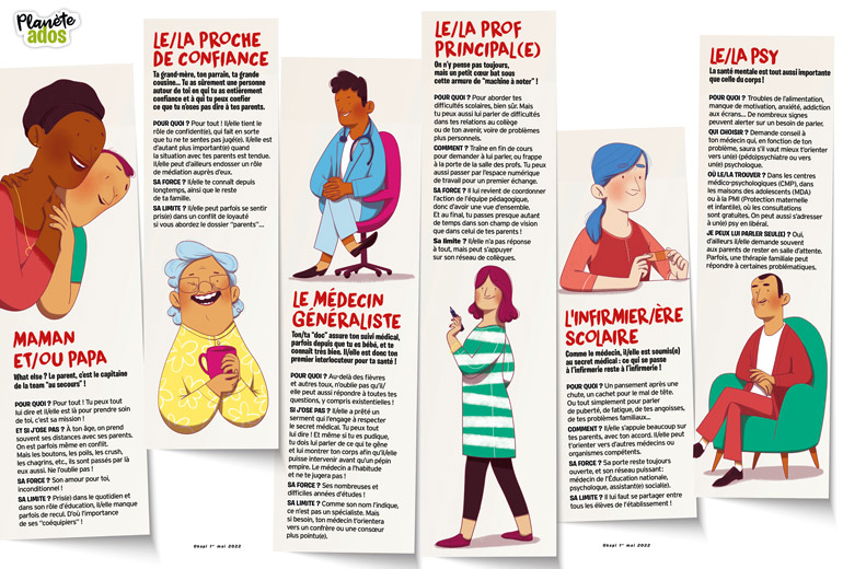 Parents, profs, médecins, psys… ces adultes qui peuvent aider les ados. Okapi n°1155, 1er mai 2022. Illustrations : Élodie Duhameau.