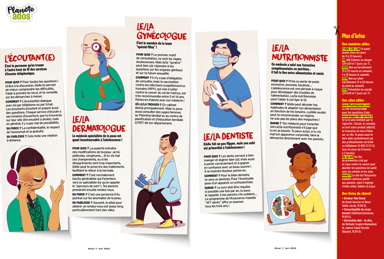 Dermatologue, nutritionniste ou gynécologue : des spécialistes pour répondre aux questions des ados. Okapi n°1155, 1er mai 2022. Illustrations : Élodie Duhameau.