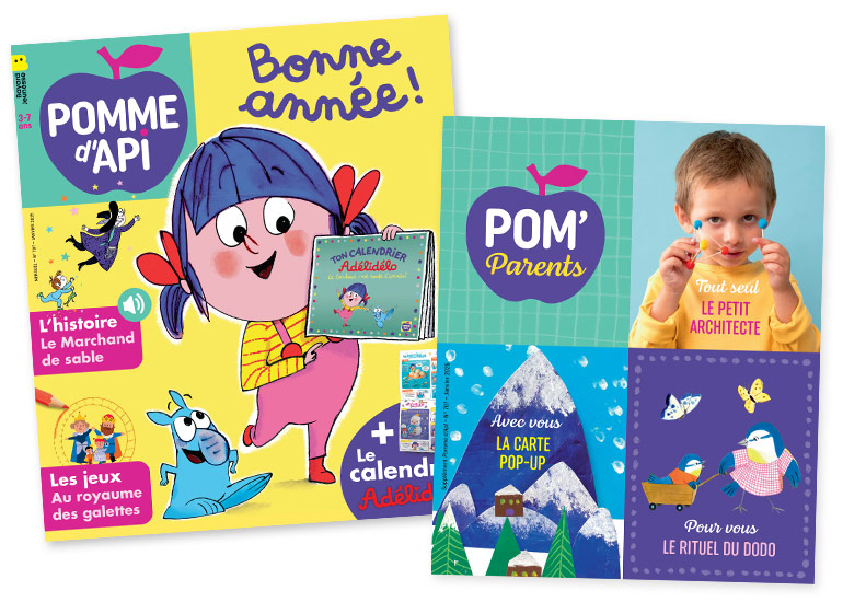 Couverture Pomme d'Api n° 707, janvier 2025. L'histoire “Le Marchand de sable” + Les jeux : “Au royaume des galettes” + le calendrier Adélidélo + Supplément pour les parents.