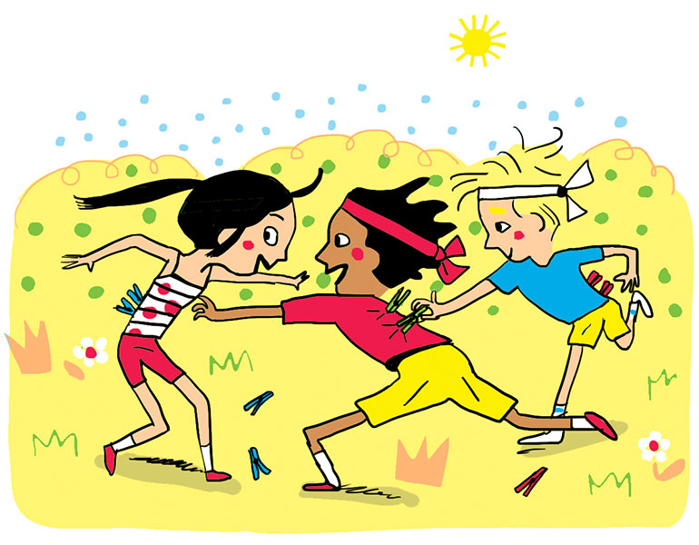 “Les Olympiades de la rigolade”, Astrapi n°951, 1er juillet 2020. Conception et texte : Rémi Chaurand. Illustrations : Line Hachem.