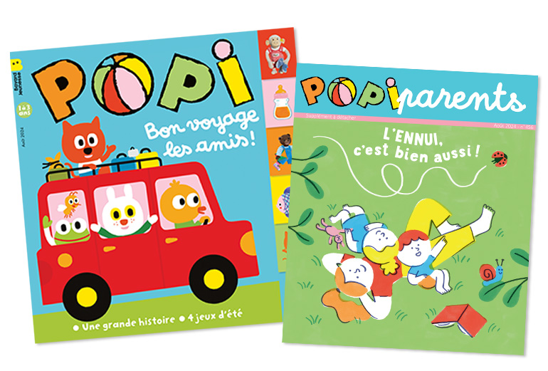 Couverture du magazine Popi n°456, août 2024 - Bon voyage les amis ! - Supplément pour les parents : les bienfaits de l'ennui.