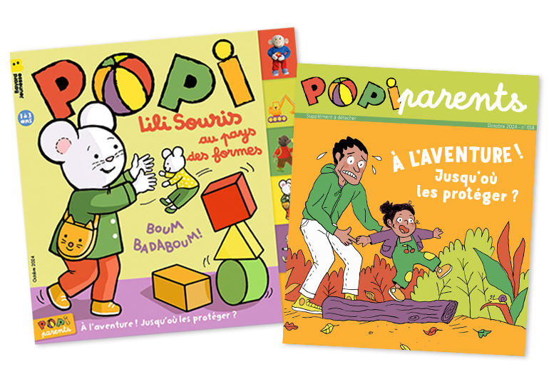 Couverture du magazine Popi n°458, octobre 2024 - Lili Souris au pays des formes - Supplément pour les parents : « À l'aventure ! Jusqu'où les protéger ? »