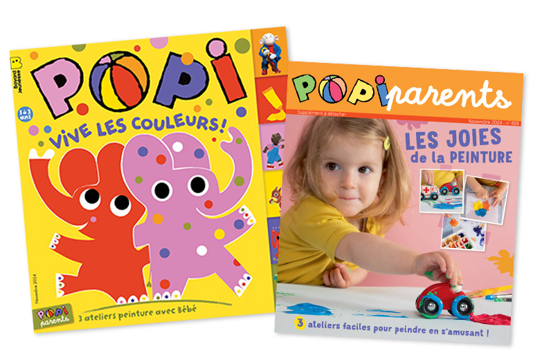 Couverture du magazine Popi n°459, novembre 2024 - Vive les couleurs ! - Supplément pour les parents : « 3 ateliers peinture avec bébé »