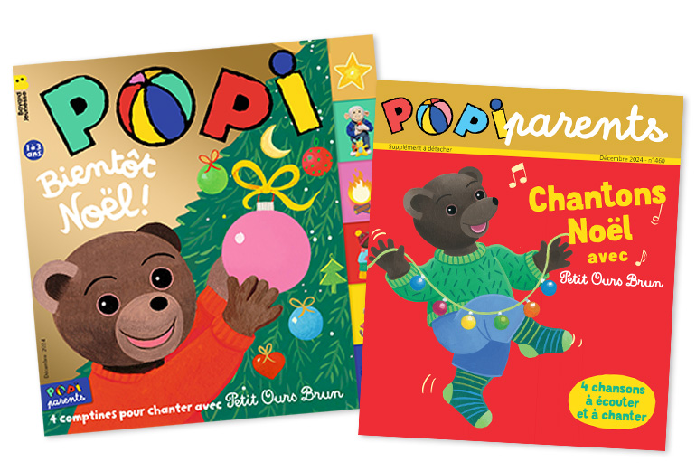 Couverture du magazine Popi n°460, décembre 2024 - Bientôt Noël ! - Supplément pour les parents : “Chantons Noël avec Petit Ours Brun”.