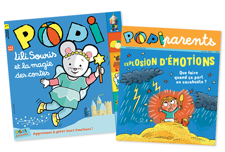 Couverture du magazine Popi n°461, janvier 2025 - Lili Souris et la magie des contes - Supplément pour les parents : “Explosion d'émotions - Que faire quand ça part en cacahuète ?”