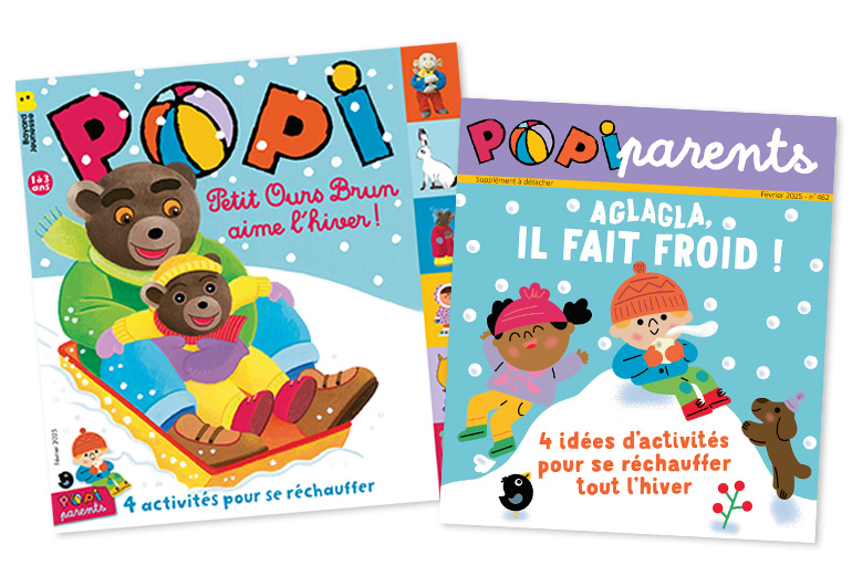Couverture du magazine Popi n°462, février 2025 - Petit Ours Brun aime l'hiver ! - Supplément pour les parents : “4 activités pour se réchauffer”