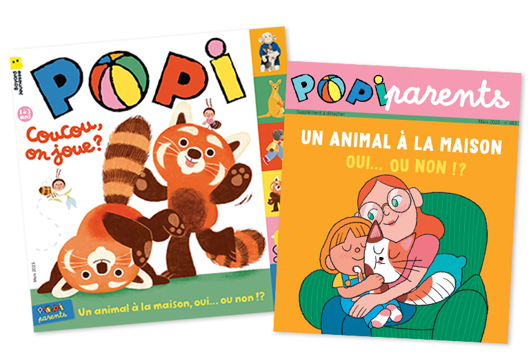 Couverture du magazine Popi n°463, mars 2025 - Coucou, on joue ? - Supplément pour les parents : “Un animal à la maison : oui… ou non ?”