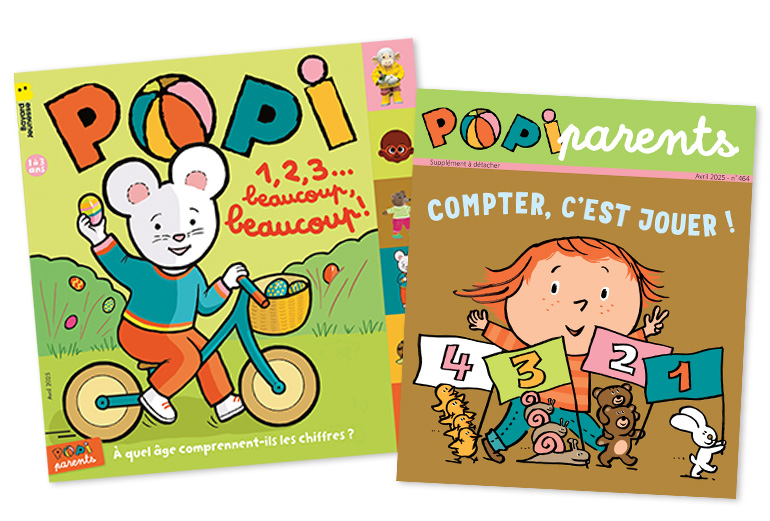 Couverture du magazine Popi n°464, avril 2025 - 1, 2, 3… beaucoup, beaucoup ! - Supplément pour les parents : “Compter, c'est jouer !”