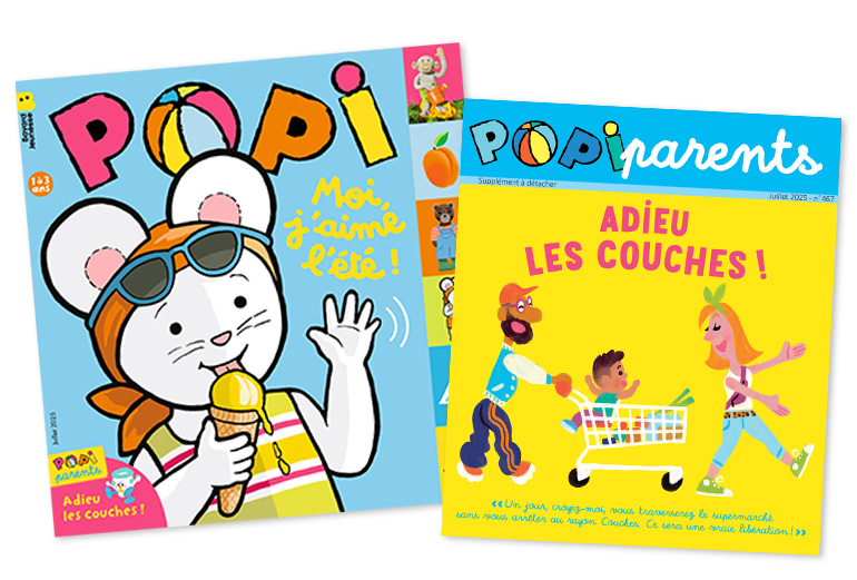 Couverture du magazine Popi n°467 (juillet 2025) et son supplément pour les parents : “Adieu les couches !”