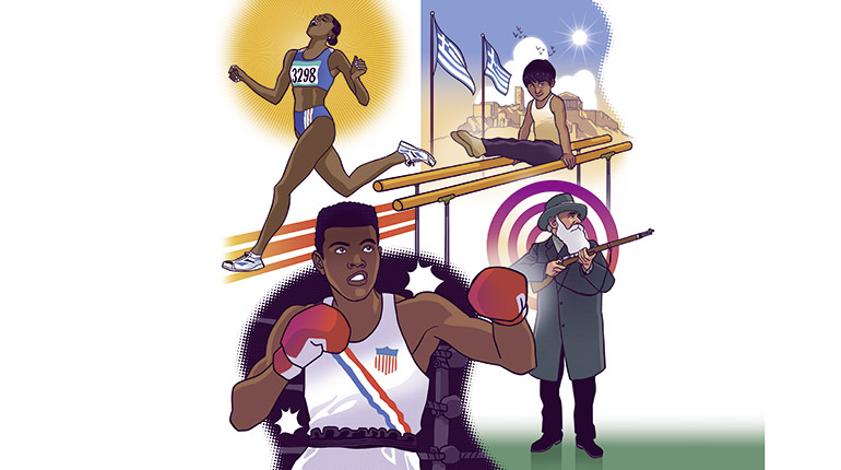 Marie-José Pérec, Cassius Clay, Dimítrios Loúndras, Oscar Swahn. Nos héros des JO, article extrait du magazine Okapi n°1204 du 1er août 2024. Illustration : Guillaume Decaux.