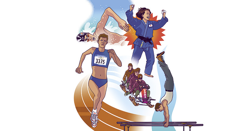 Michael Phelps, Marla Runyan, Edward Eagan, Ryoko Tamura Tani, George Eyser. Nos héros des JO, article extrait du magazine Okapi n°1204 du 1er août 2024. Illustration : Guillaume Decaux.