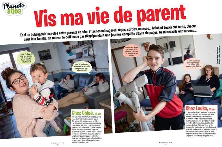 “Vis ma vie de parent”, Okapi n° 1065, 1er avril 2018. Textes : Lola Blassieaux ; Photos : Gilles Leimdorfer.
