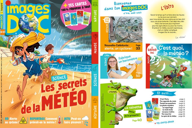 Couverture et sommaire du magazine Images Doc n°416, août 2023 - Science : les secrets de la météo.