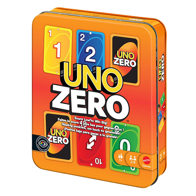 Uno Zéro, dès 7 ans, 2 à 8 joueur(se)s, éd. Mattel, 14,99 €.