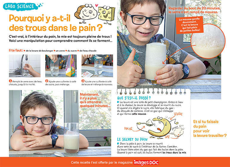 Labo science : faire du pain, c‘est facile ! Photos : Rebecca Josset, Erik Franck (photo du pain). Illustrations : Jérôme Sié.