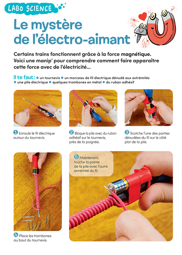 Labo science&nbsp;: le mystère de l’électro-aimant, Images Doc n°412, avril 2023. Photo&nbsp;: Rebecca Josset. Illustration&nbsp;: Jérôme Sié.