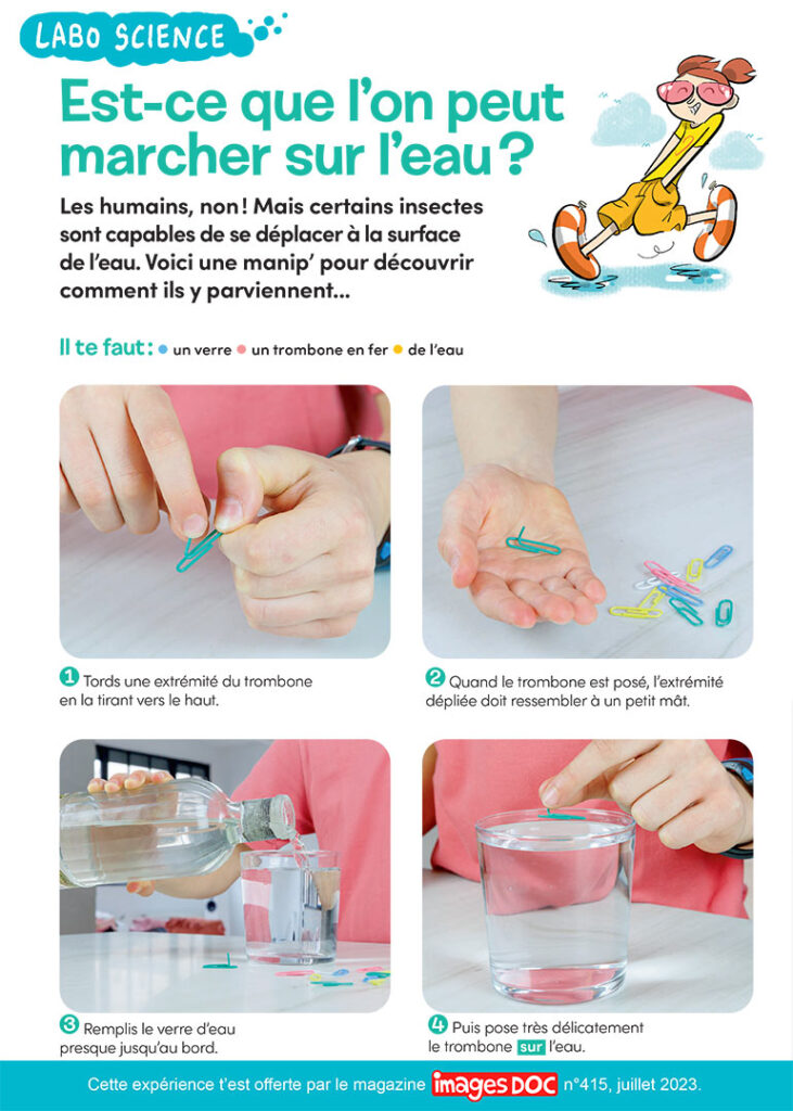 Labo science&nbsp;: est-ce qu’on peut marcher sur l’eau&nbsp;?, Images Doc n°415, juillet 2023. Photos&nbsp;: Rebecca Josset. Illustrations&nbsp;: Jérôme Sié.