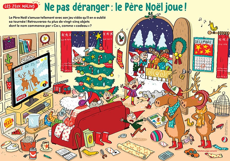 Les jeux malins : Ne pas déranger : le Père Noël joue !, Images Doc n°420, décembre 2023. Illustration : Joëlle Dreidemy.