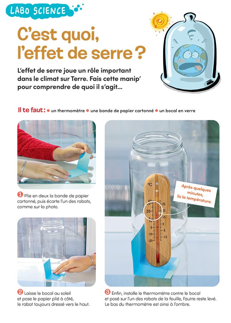 Labo science : C’est quoi, l’effet de serre ?, Images Doc n°420, décembre 2023. Photos : Rebecca Josset. Illustrations : Jérôme Sié.