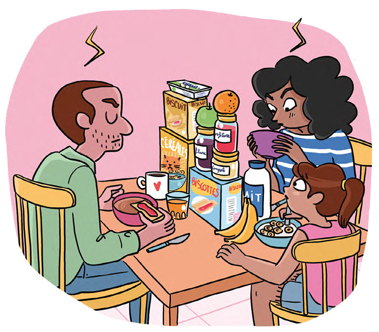 Illustration : Anne-Olivia Messana. Histoires de couple. Hors-série du magazine Okapi : 100 questions de filles et garçons. Été 2023.