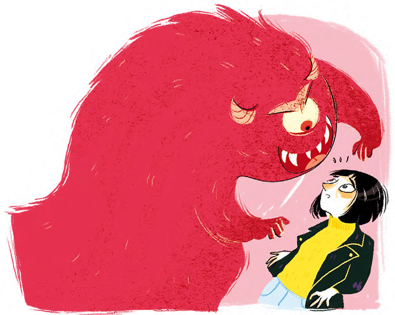 Illustration : Julie Olivier. Les règles, l'angoisse. Hors-série du magazine Okapi : 100 questions de filles et garçons. Été 2023.