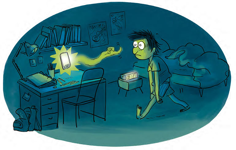 Illustration : Zelda Zonk. Une nuit sans portable. Hors-série du magazine Okapi : 100 questions de filles et garçons. Été 2023.