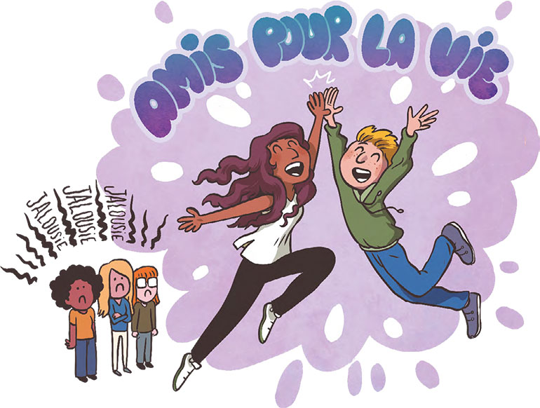 Illustration : Gally. Amitié ou amour ? Hors-série du magazine Okapi : 100 questions de filles et garçons. Été 2023.
