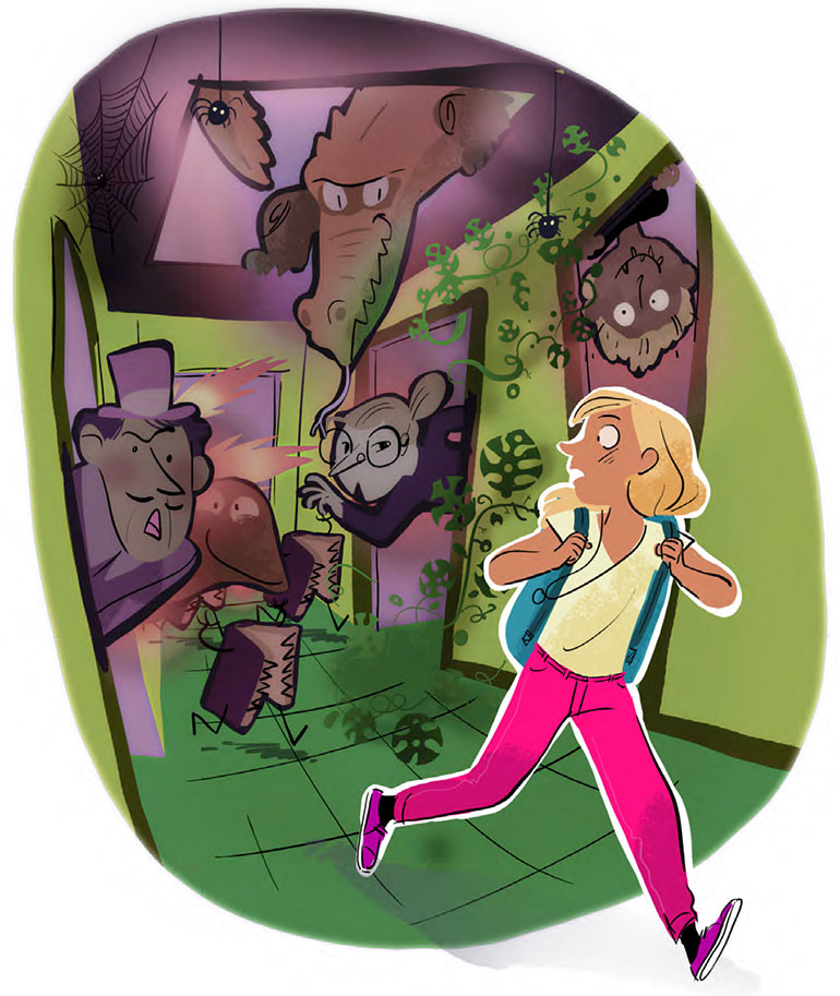Illustration : Aurélie Blard-Quintard. Peur du collège. Hors-série du magazine Okapi : 100 questions de filles et garçons. Été 2023.