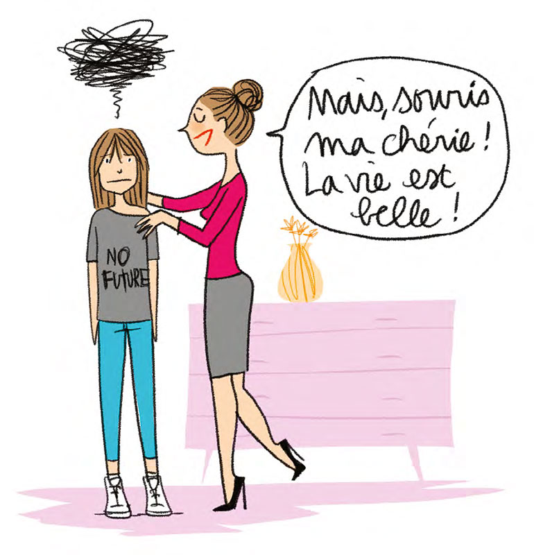 Illustration : Emmanuelle Teyras. Aimer la vie. Hors-série du magazine Okapi : 100 questions de filles et garçons. Été 2023.