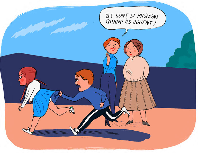 Illustration : Line Hachem. Pas touche. Hors-série du magazine Okapi : 100 questions de filles et garçons. Été 2023.
