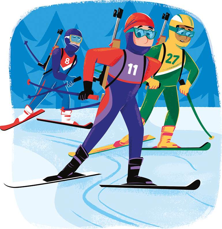 Le biathlon. Les skieurs parcourent une longue distance en ski de fond (comme sur cette image). Puis, ils doivent tirer à la carabine sur de petites cibles.