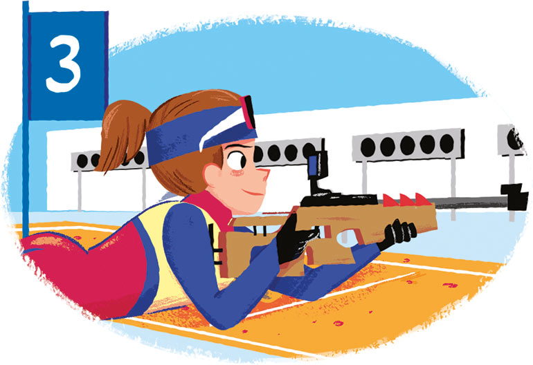 Le biathlon. Les skieurs parcourent une longue distance en ski de fond. Puis, ils doivent tirer à la carabine sur de petites cibles (comme sur cette image).