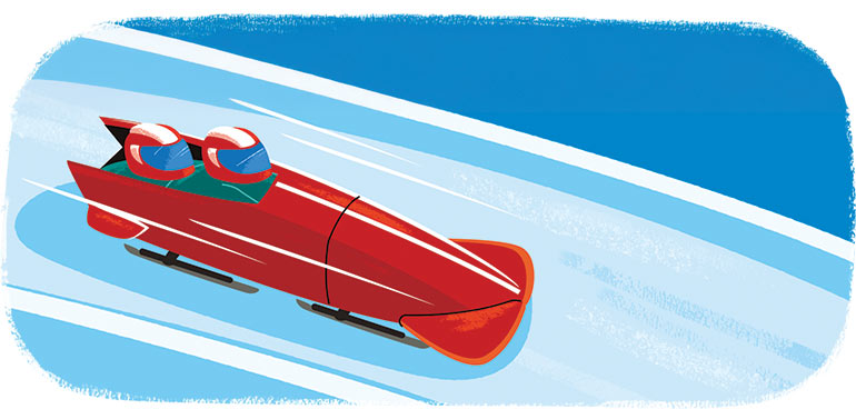 Deux athlètes descendent une piste glacée étroite dans un bobsleigh sur patins. Deux ou quatre sportifs peuvent être à bord.