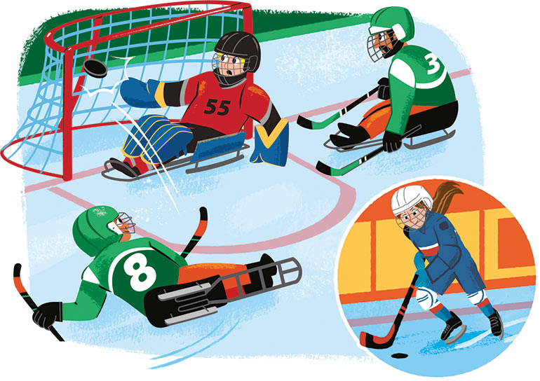 Hockey sur glace : deux équipes s’affrontent sur une patinoire. Les joueurs poussent un palet à l’aide d’une crosse… et ils essaient de marquer des buts !