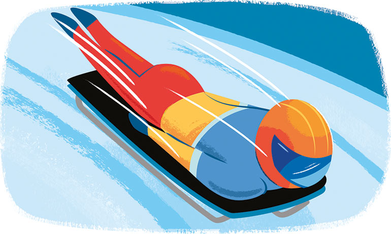 Le skeleton : l’athlète descend une piste glacée à plat ventre sur une luge… tête la première !