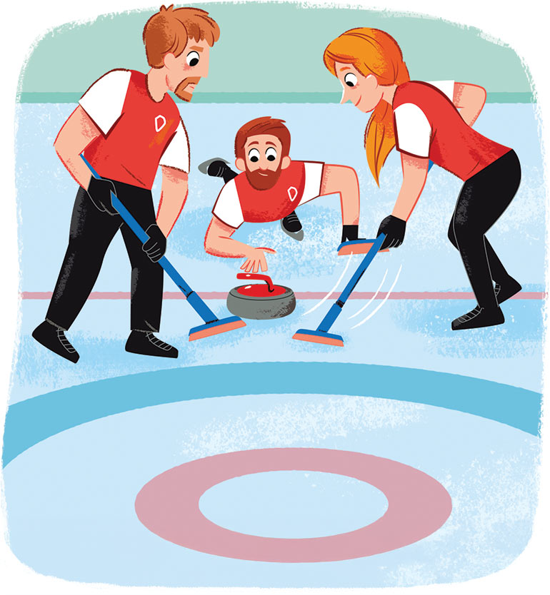Curling. Les joueurs frottent la glace avec des balais spéciaux pour que la pierre glisse bien.