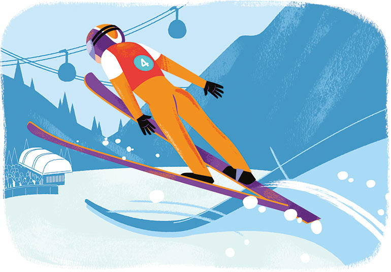 Saut à ski. Un skieur glisse sur un long tremplin, puis il saute dans les airs !