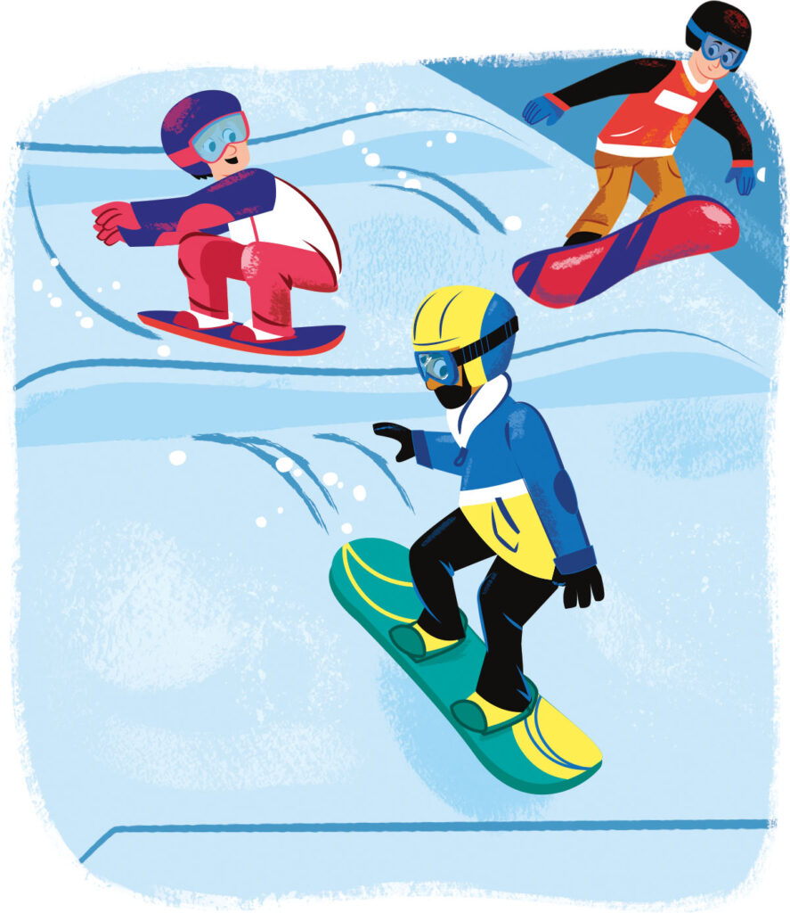Snowboard cross : des athlètes font la course sur une piste avec des bosses et des virages.