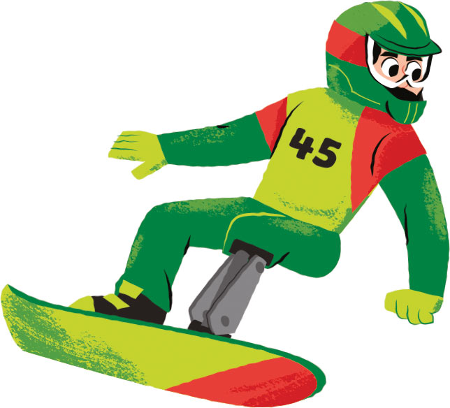 Snowboard cross : un athlète fait la course sur une piste avec des bosses et des virages.