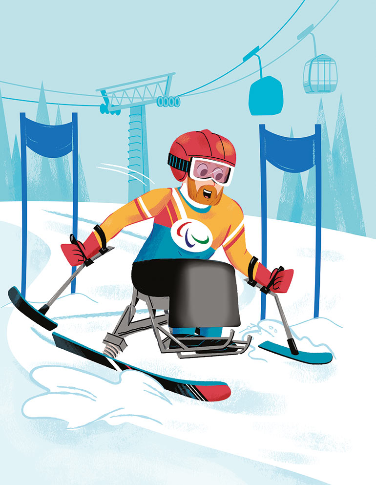 Aux JO d'hiver, Il existe aussi plusieurs épreuves de ski alpin pour les personnes en situation de handicap. Cet athlète est installé sur un monoski. Il utilise des bâtons spéciaux pour rester en équilibre.