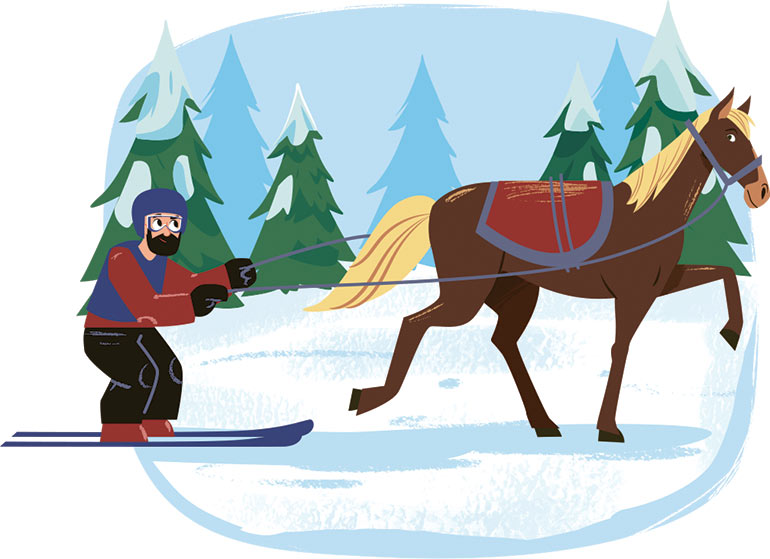Le ski tracté par un cheval, qu’on appelle le ski-joëring, était pratiqué aux Jeux olympiques d’hiver. Ce sport était une démonstration, les participants ne gagnaient pas de médailles.
