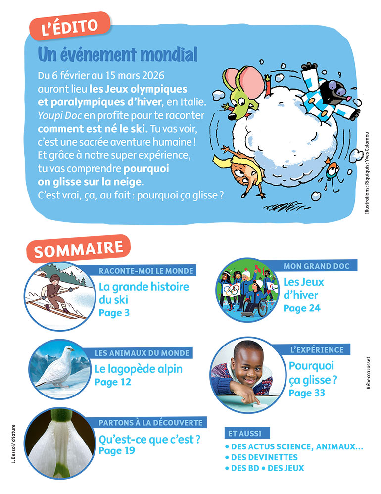 Sommaire du magazine Popi n°449, février 2026. La grande histoire du ski - Spécial JO d'hiver