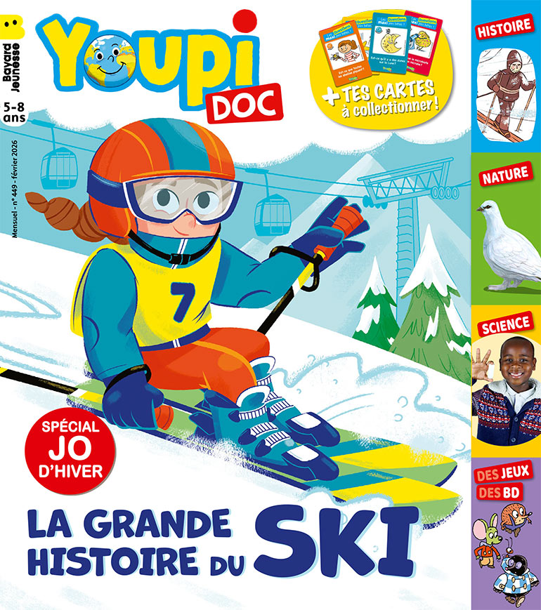 Couverture du magazine Popi n°449, février 2026. La grande histoire du ski - Spécial JO d'hiver