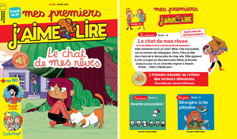 Couverture et sommaire du magazine Mes premiers J'aime lire, n°283, mars 2026