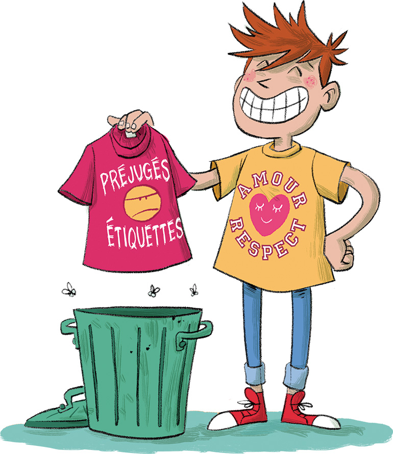 Illustration : un ado jette à la poubelle un tee-shirt sur lequel est écrit "PRÉJUGÉS - ÉTIQUETTES"
