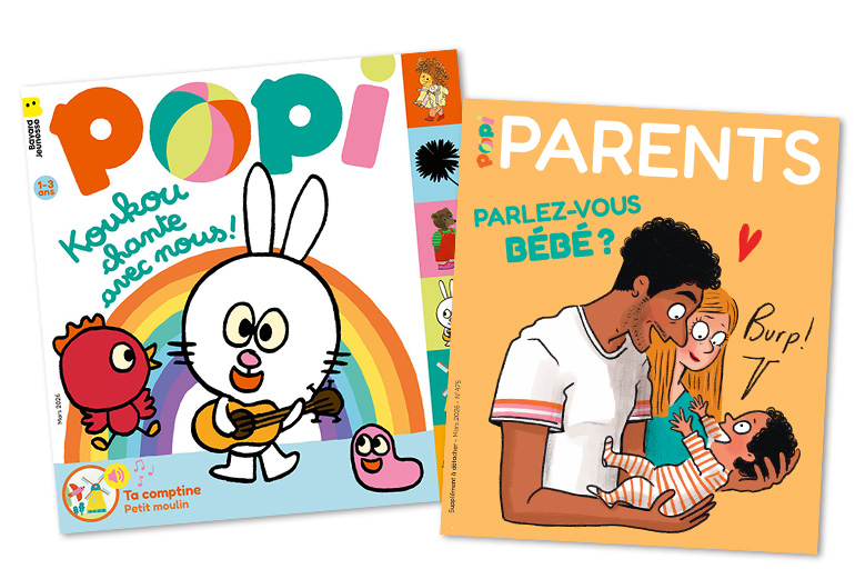 Couverture du n°475 (mars 2026) du magazine Popi, pour les tout-petits de 1 à 3 ans, et son supplément pour les parents.