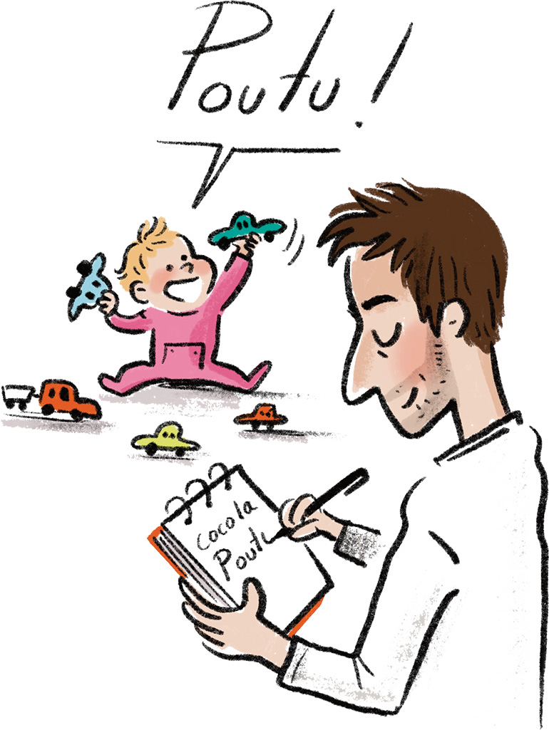 Un papa note sur un carnet les premiers mots prononcés par son enfant.