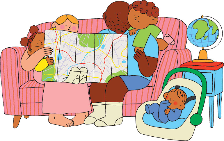 Voyager avec bébé : 6 conseils pour partir en toute sérénité. Popi n° 477, mai 2026. Illustration : Lou Gilles.