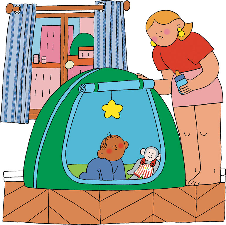 Voyager avec bébé : 6 conseils pour partir en toute sérénité. Popi n° 477, mai 2026. Illustration : Lou Gilles.