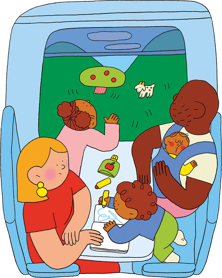 Voyager avec bébé : 6 conseils pour partir en toute sérénité. Popi n° 477, mai 2026. Illustration : Lou Gilles.